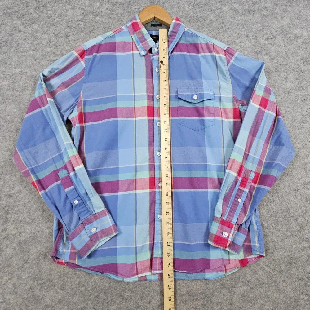 J Crew Slim Fit Multicolor Plaid Long Sleeve Button Down Shirt Mens Size L FLAWS